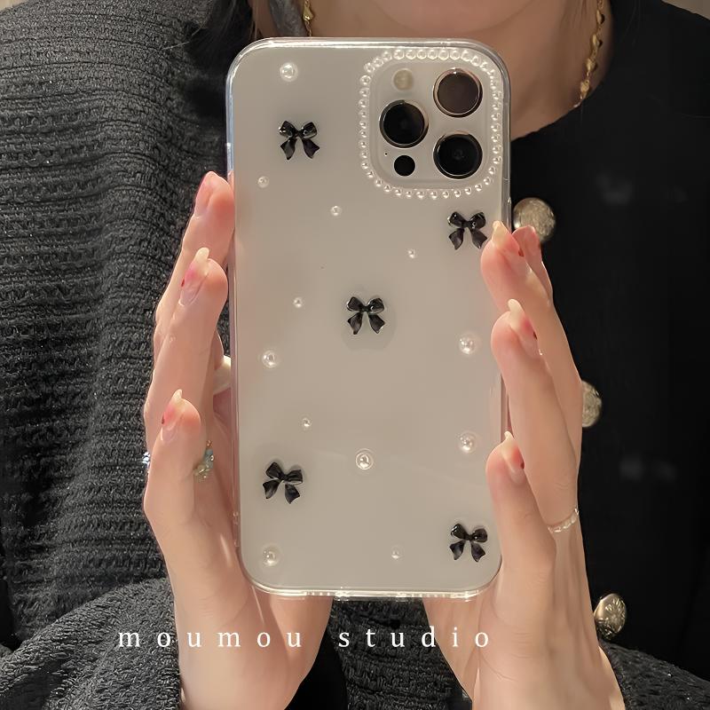 立体珍珠蝴蝶结适用苹果17手机壳iPhone16promax透明15 14plus 13