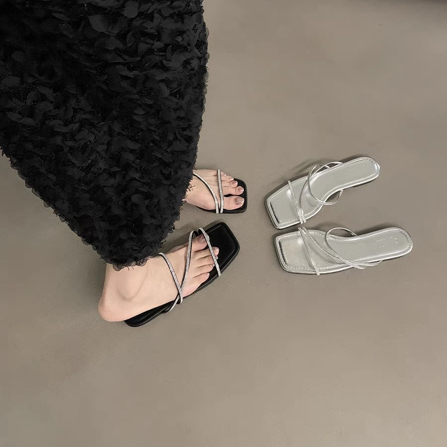 VEEFSHOW 法式平底方头一字拖鞋女鞋子夏季高级感水钻拖鞋