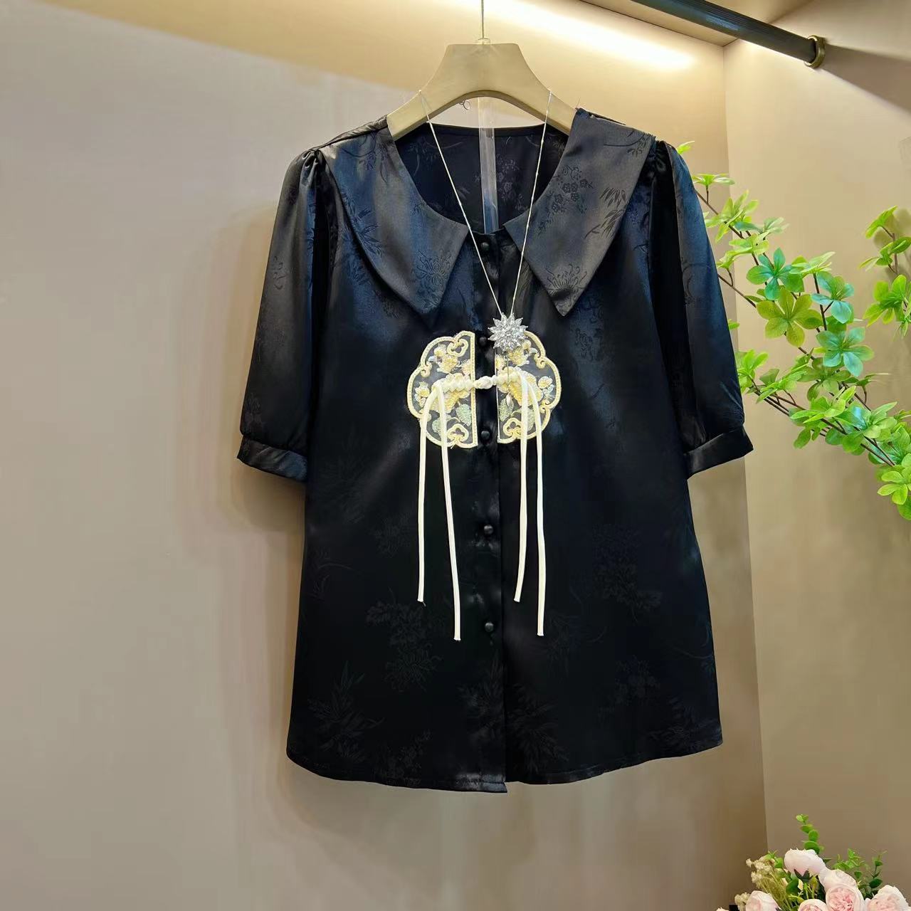 女装夏装新款中式国风衬衫重工刺绣百搭遮肚子上衣