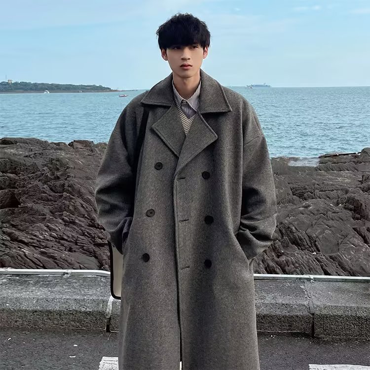 中长款风衣外套男2023秋冬新款潮牌英伦风大衣高级感毛呢加厚外套