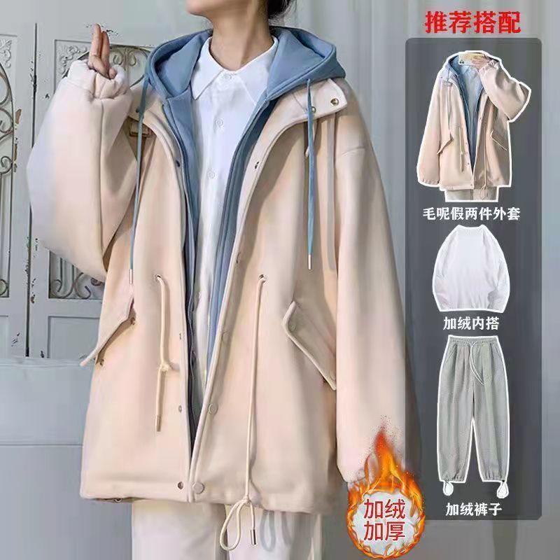 冬季新款三件套假两件加绒加厚外套男女套装青少年连帽毛呢风衣男