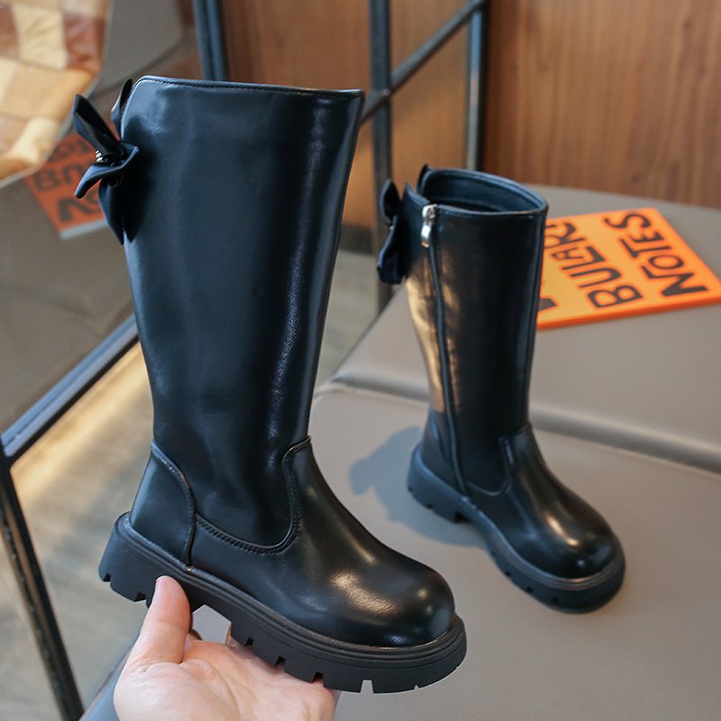 2023冬款儿童长筒靴蝴蝶结优雅女童靴子黑色潮高筒靴加绒二棉皮靴