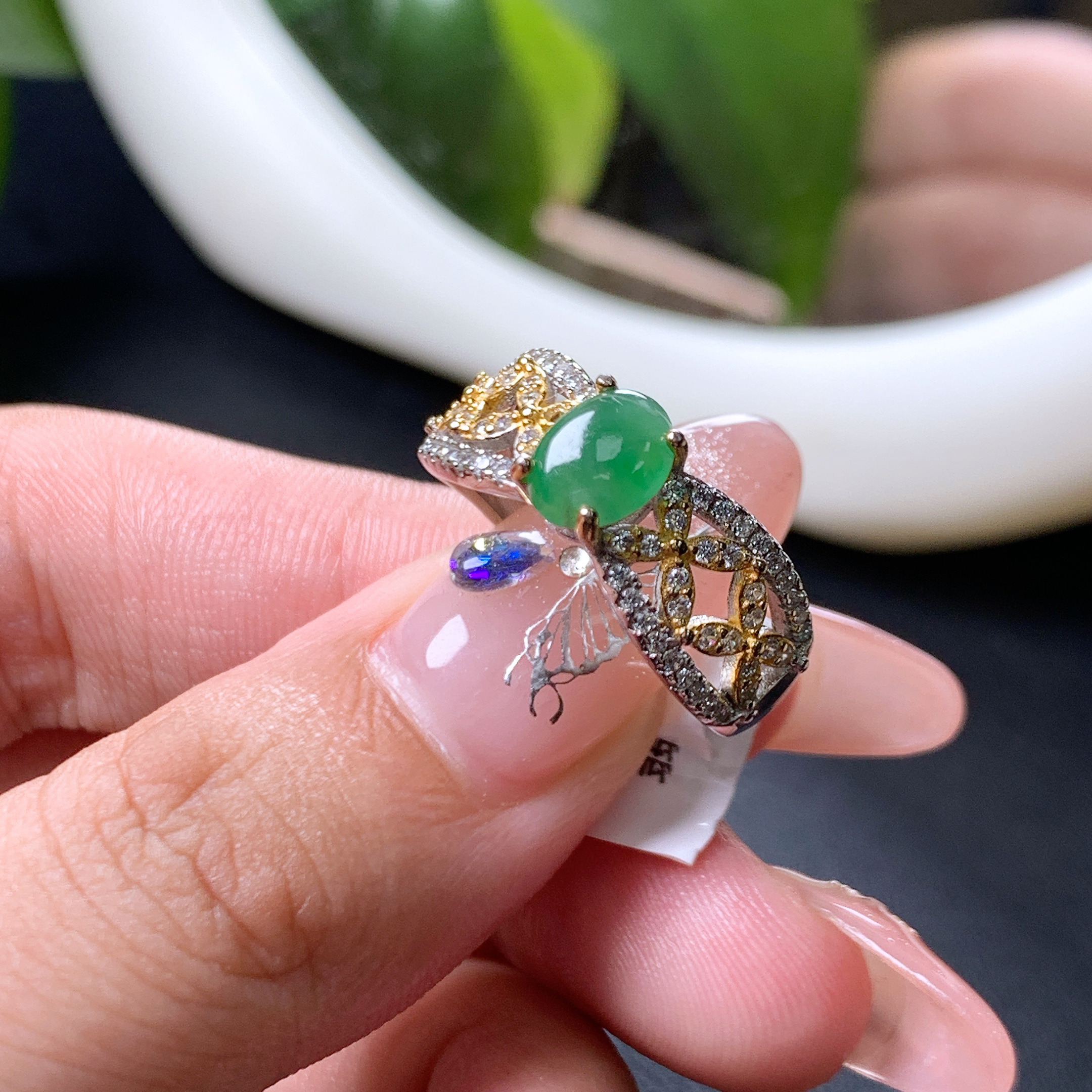 名诚珠宝翡翠缅甸绿色戒面戒指银S925