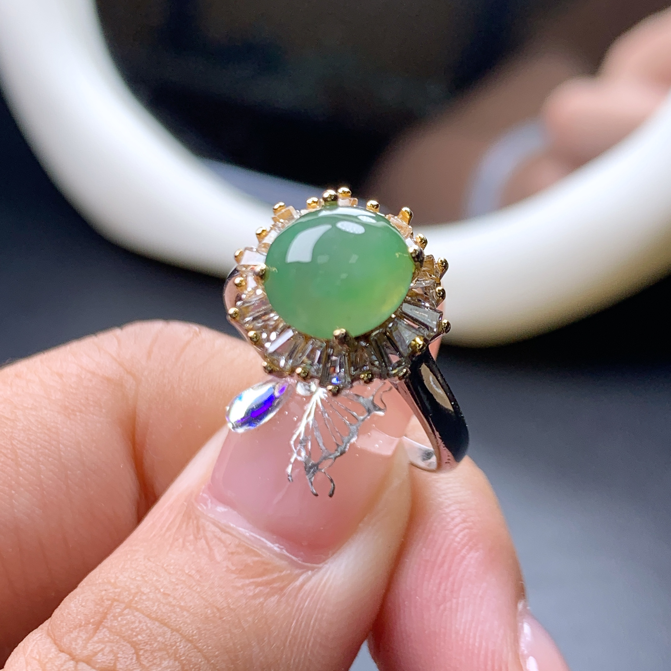 名诚珠宝天然翡翠戒指女银镶缅甸翡翠戒面