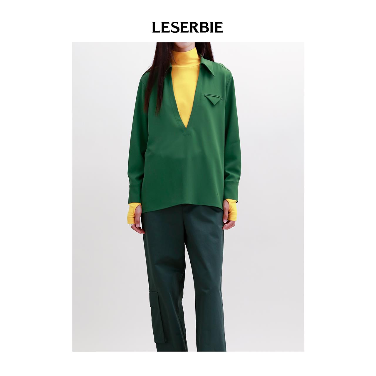 奕色【极简深绿翻领衬衣】深V宽松版