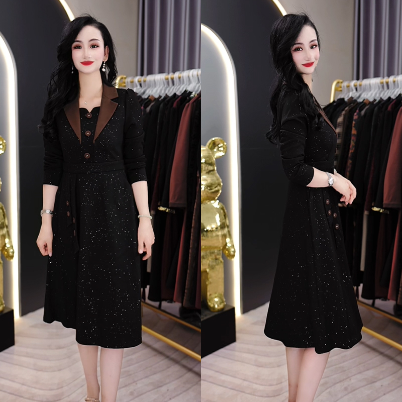 长袖连衣裙2025新款洋气年轻妈妈打底裙中长款遮肚西装领A型裙子