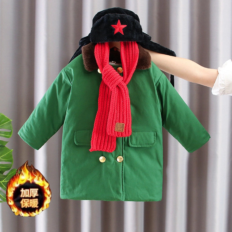 【FEM】儿童军绿色大衣男童冬季小孩网红女童宝宝加厚棉衣外套潮
