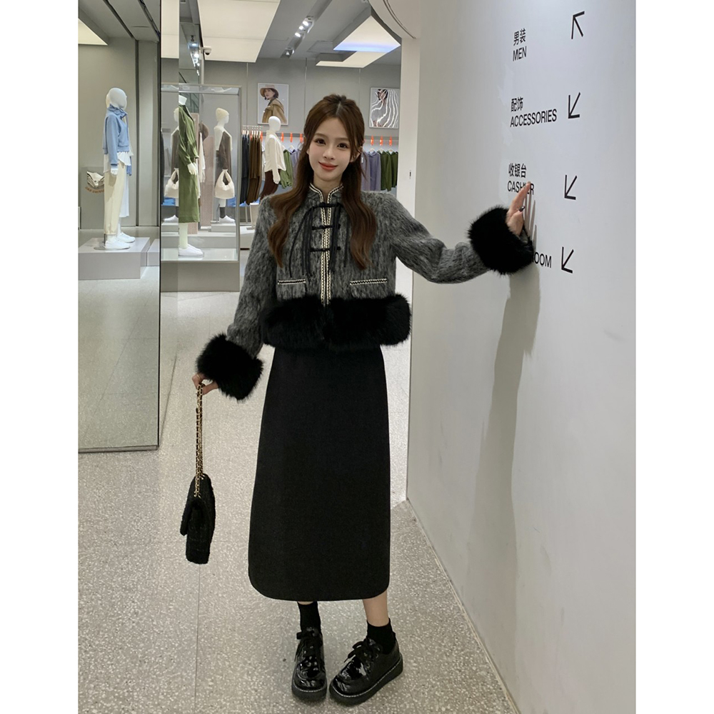 长袖拼接冬季2023女外套感时尚毛毛开叉套装中式半身裙高级新款新