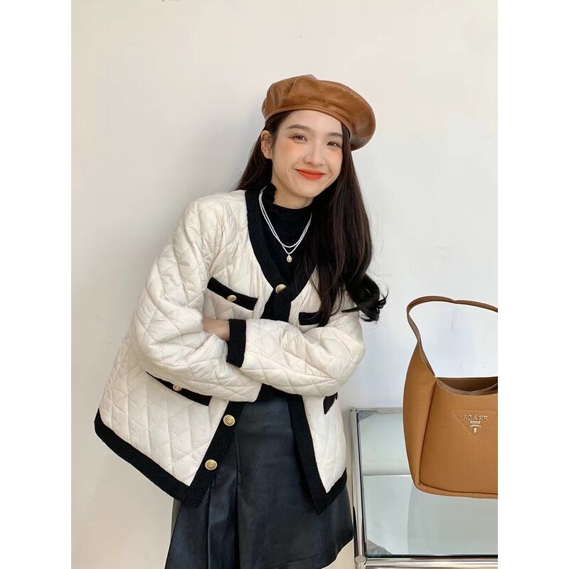 小香风菱格棉衣棉服女2022年新款冬季韩版爆款设计感小众外套拼接