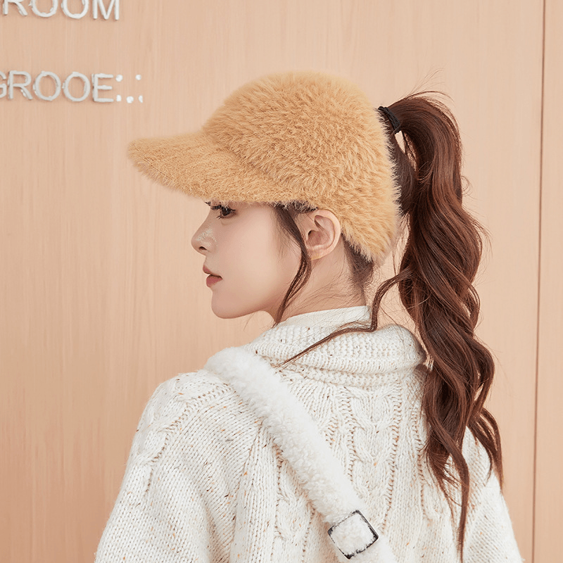 保暖秋冬季新款显脸女毛绒加厚针织鸭舌帽空顶帽子百搭扎马尾小头