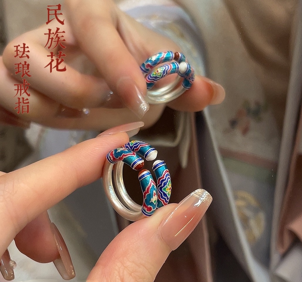 足银珐琅戒指 足银999.9（珐琅如意古法戒指）复古国潮民族风戒指