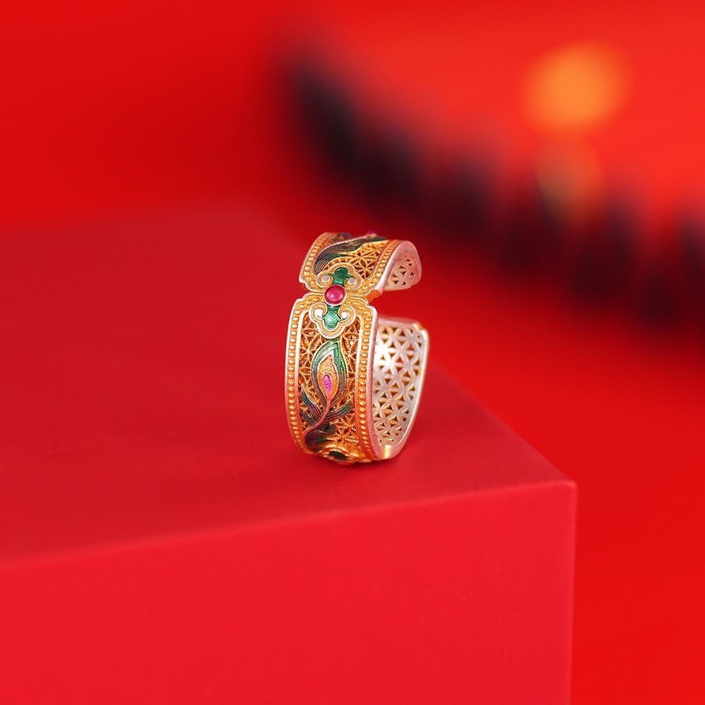 足银珐琅戒指 （描金镂空珐琅凤羽戒指）女新中式国潮纯银指环礼物