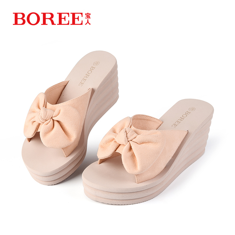 Boree拖鞋夏季女时尚增高休闲蝴蝶结坡跟外穿百搭软底高跟一字拖