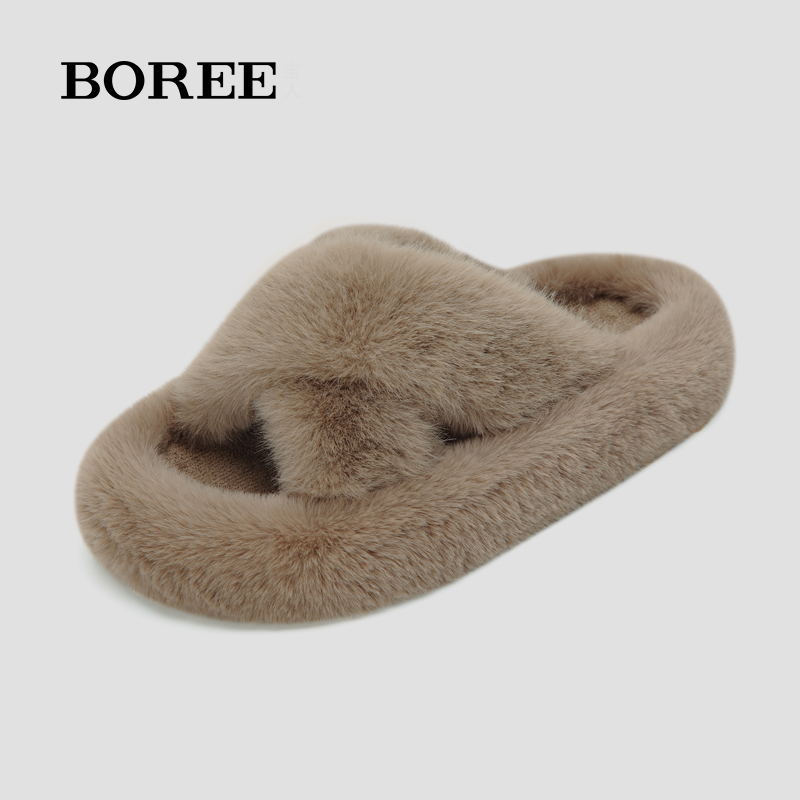 Boree/宝人拖鞋外穿居家厚底毛绒拖网红时尚保暖百搭舒适防滑秋冬