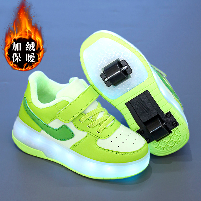 回力潮品童鞋男童暴走鞋冬季儿童双轮可收溜冰鞋闪灯加绒轮滑鞋