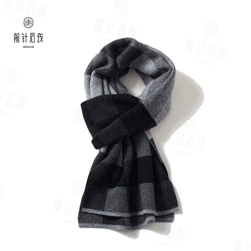 【Baby小山羊绒】康赛妮纱线100%纯羊绒男款精纺格纹羊绒围巾秋冬