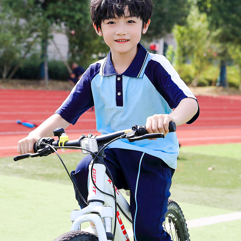 中小学生校服黄色蓝色两件三件套夏季t恤半袖翻领polo男女班服