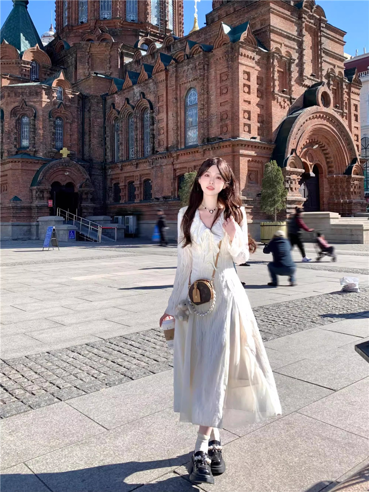 秋冬新款法式仙女风气质收腰裙子显瘦百搭长袖中长款蕾丝连衣裙女