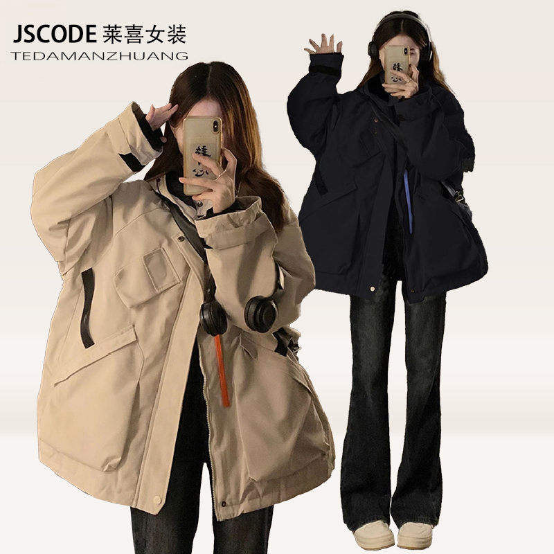 大码女装胖mm美式复古加厚冲锋棉服女宽松设计感连帽夹棉棉衣外套