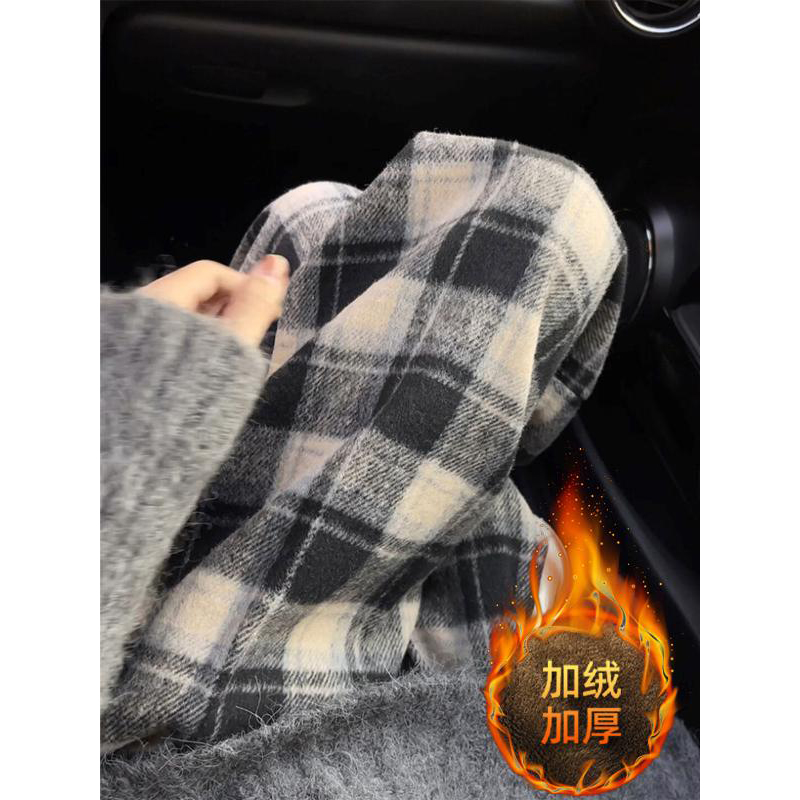 300斤大码女装胖mm韩系黑色格子裤女秋季加绒休闲裤子毛呢直筒裤