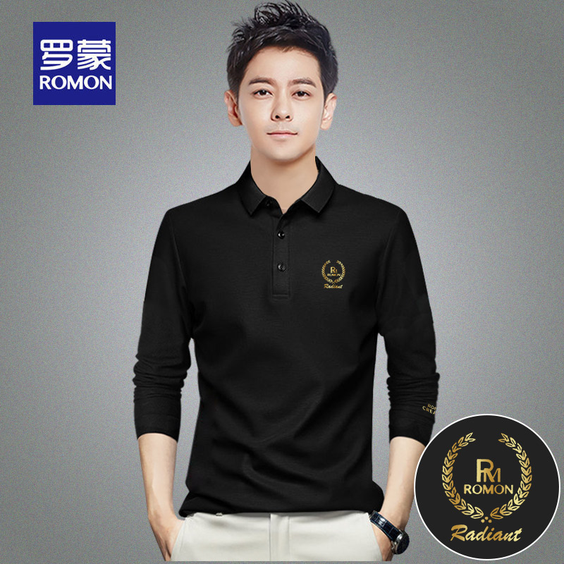 罗蒙长袖polo衫男士春秋季中年宽松翻领t恤2025新款商务休闲上衣