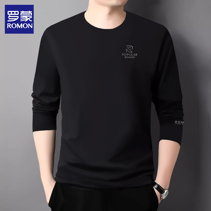 罗蒙长袖t恤男装休闲运动潮流青年春秋季圆领上衣体恤打底衫黑色