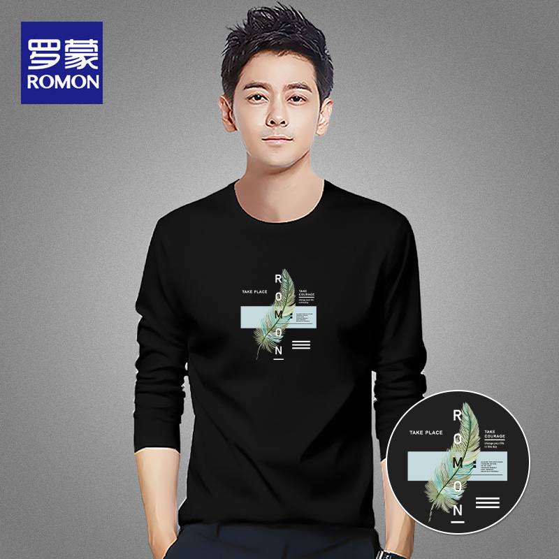 罗蒙长袖t恤男春秋季宽松休闲上衣服黑色内搭圆领体恤打底衫薄款