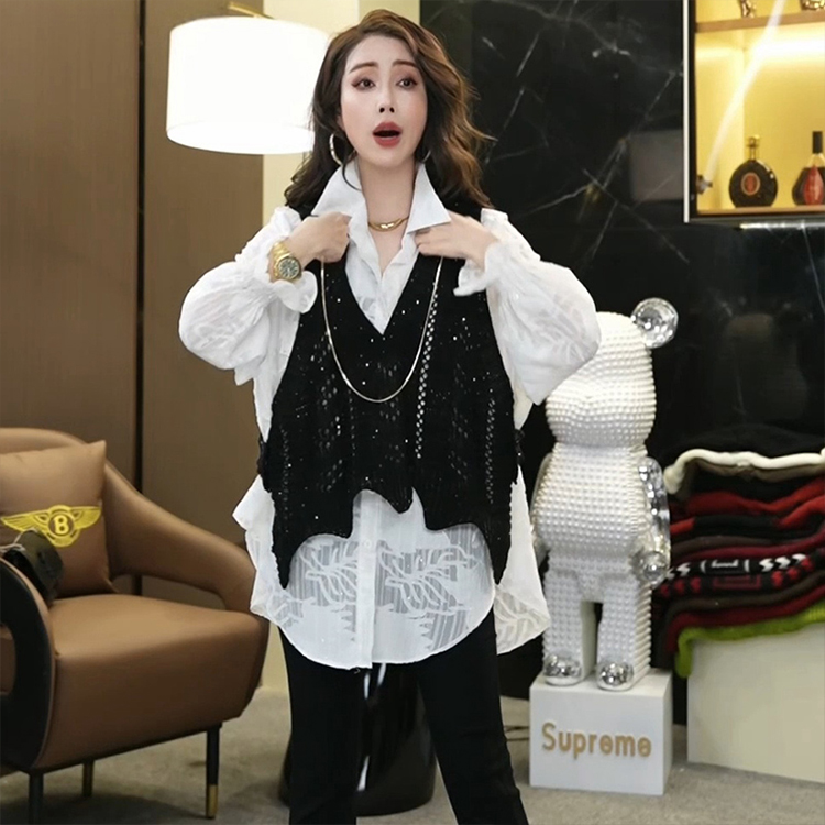 不规则针织马甲镂空上衣套装女士春秋季设计感提花衬衫气质两件套