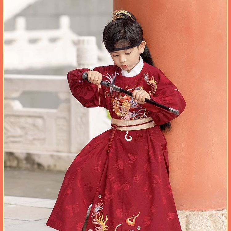 儿童汉服童装男童2023新款火羽云归唐装复古夏秋季改良表演服古装