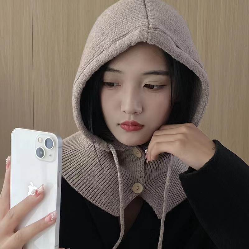 抽绳帽子秋冬男女针织羊毛线套头护耳包头帽防寒挡风加厚保暖