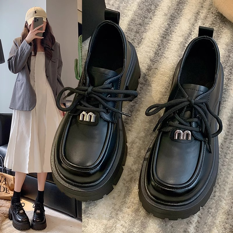 真皮英伦风小皮鞋女2023新款秋季厚底增高女鞋子学院风乐福鞋单鞋