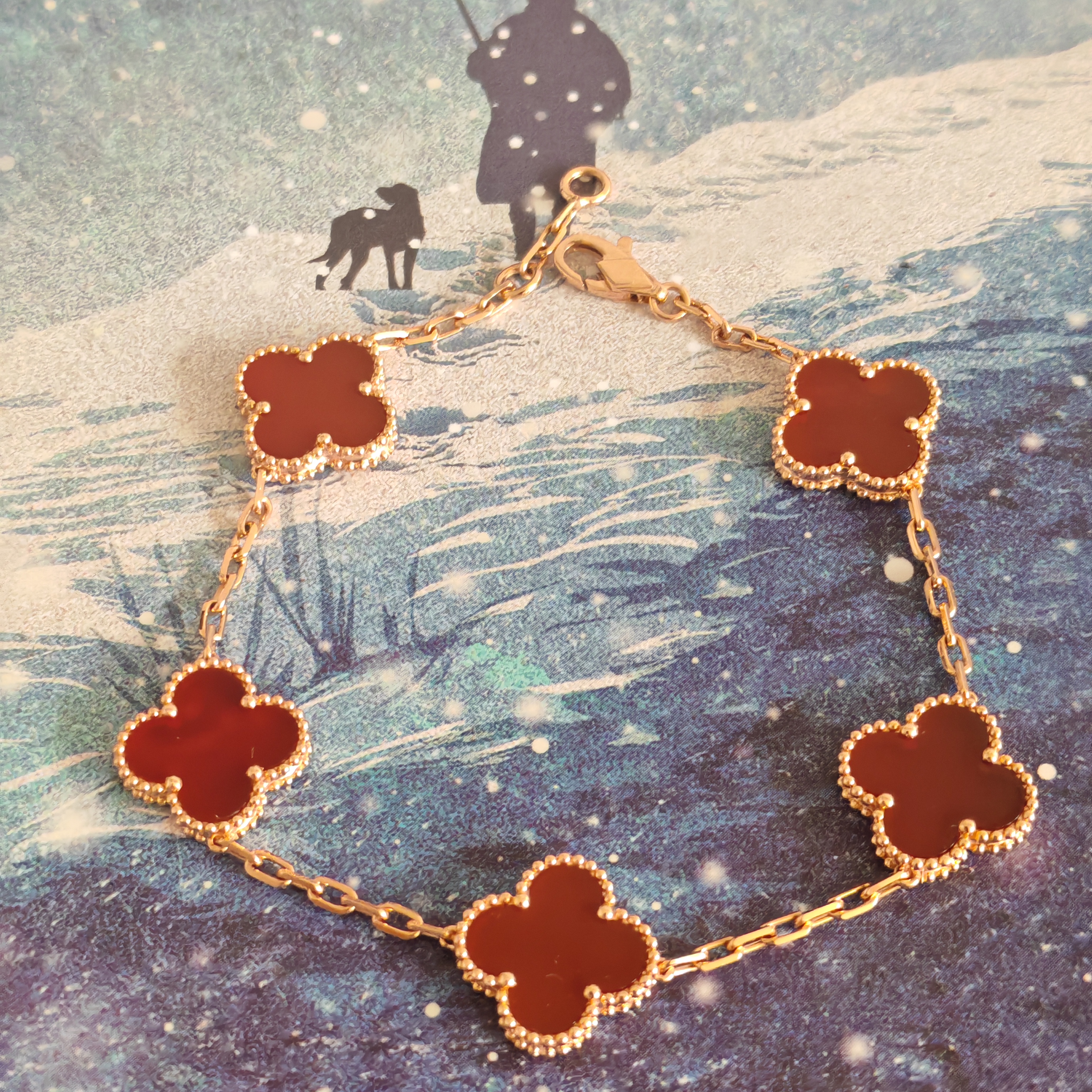 18K玫瑰金精工镶嵌红玛瑙五花手链13MM五花手链18k金