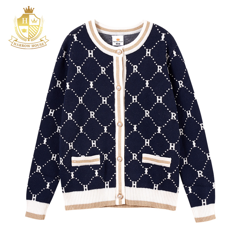 Harrow House2024新款女童毛衣开衫秋装外套经典学院风开襟针织衫