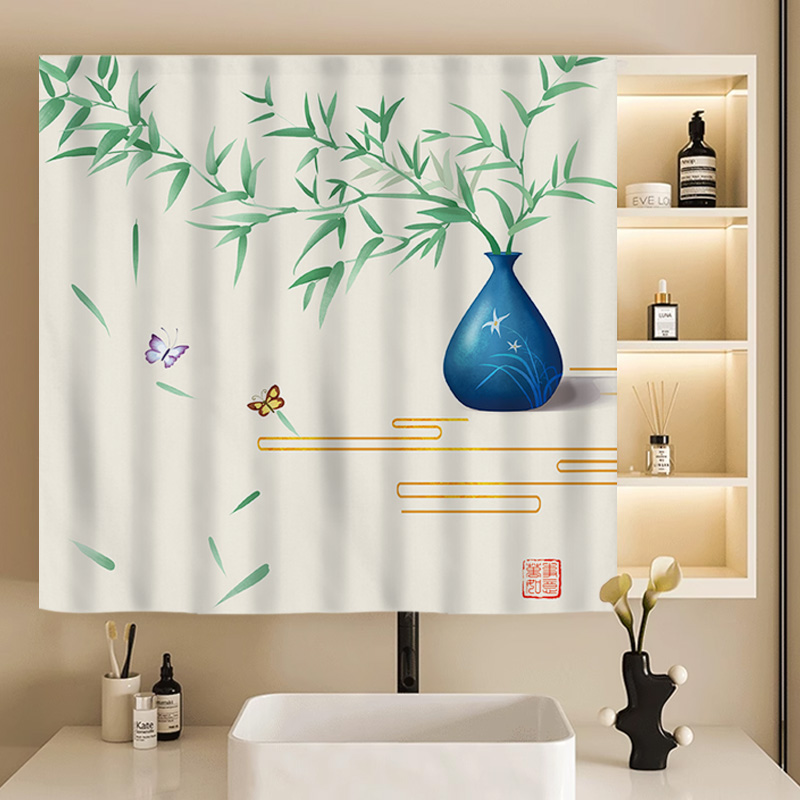 镜子柜帘遮挡帘卫生间洗手台落地全身镜拉帘家用免打孔门帘洗漱台