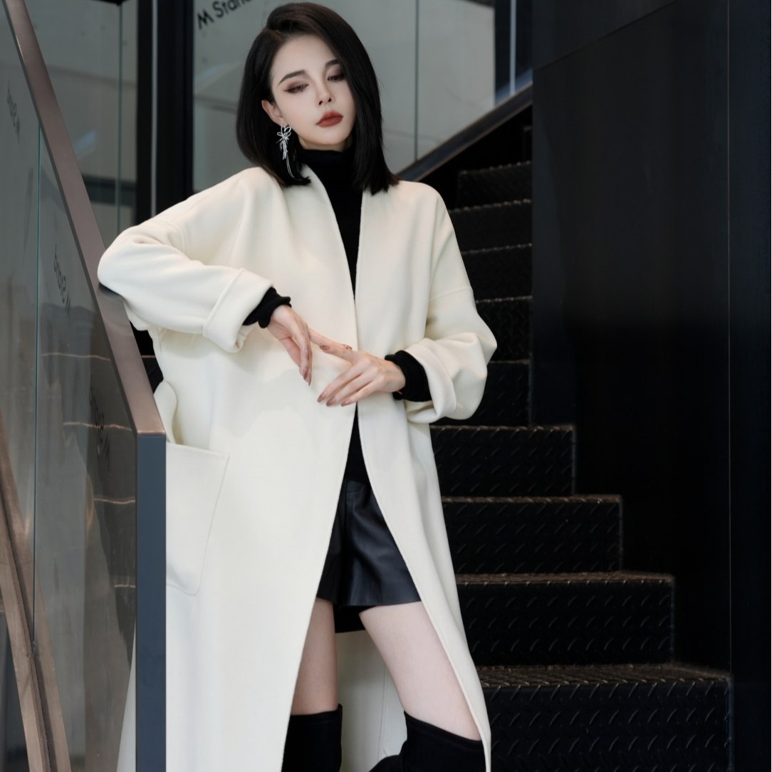 POPULARYW【南檐栀子】Z·R上品屋 极简V领腰带宽松长款毛呢大衣