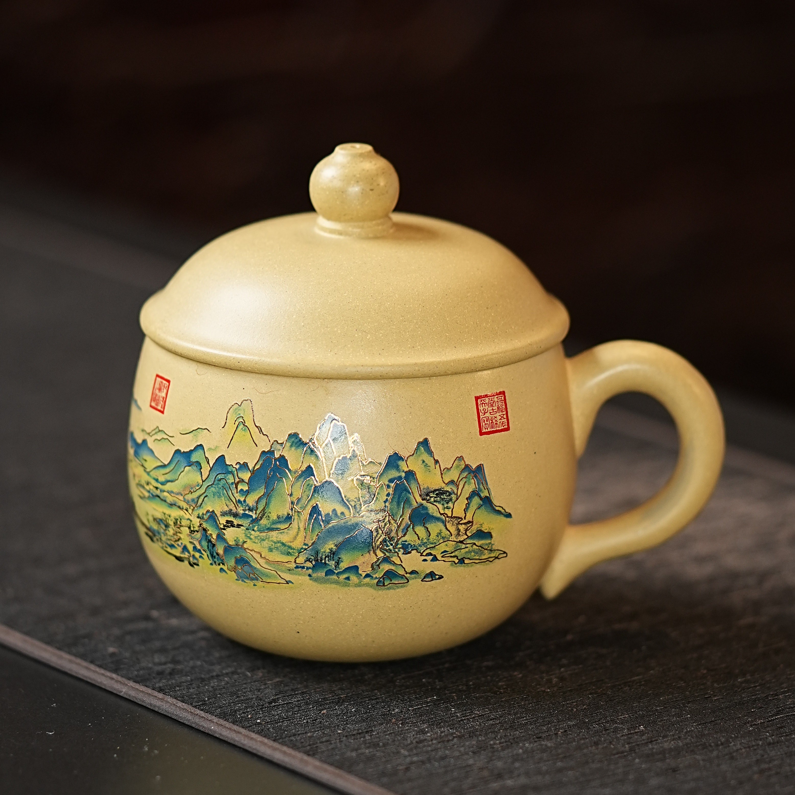宜兴原矿24K黄金段手工卡金丝千里江山紫砂盖杯 A114