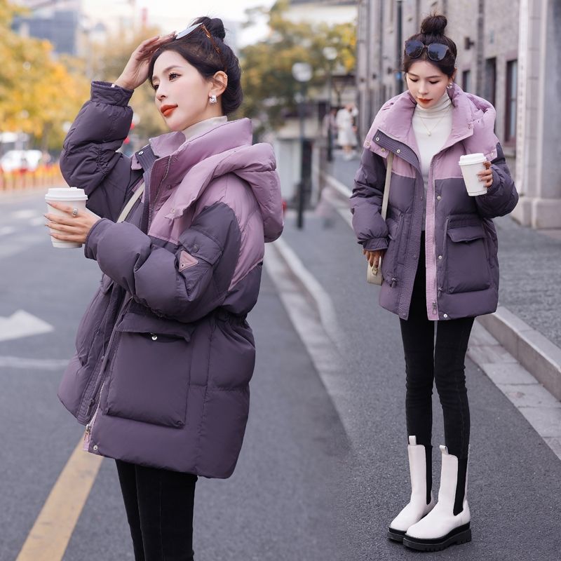 连帽拼色羽绒羽绒服女冬季2023年新款设计感加厚保暖中长款外套