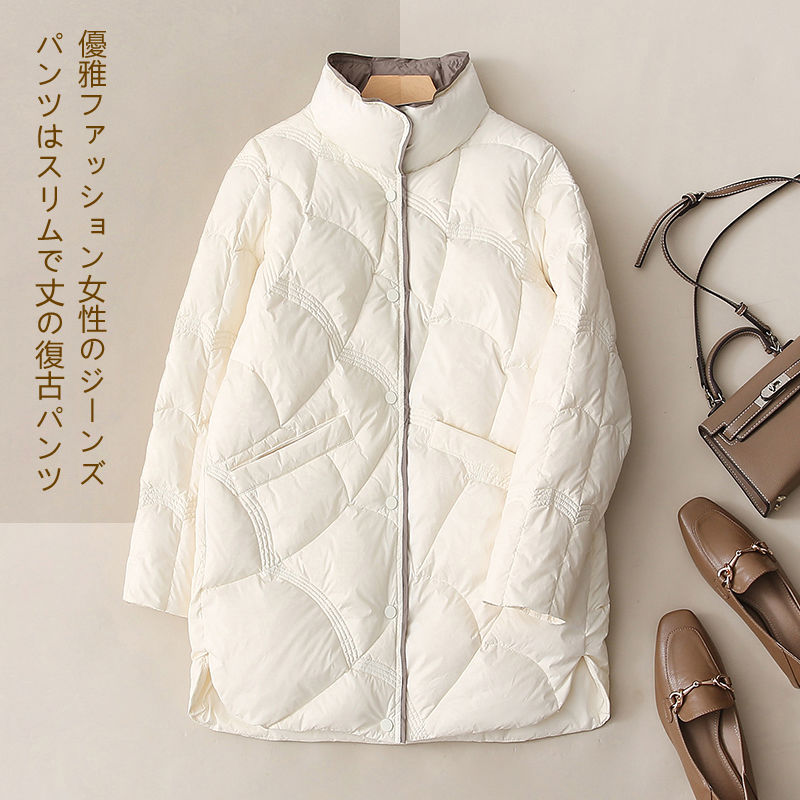 90白鸭绒工厂直销 冬季新款立领中长款羽绒服女宽松显瘦轻薄外套