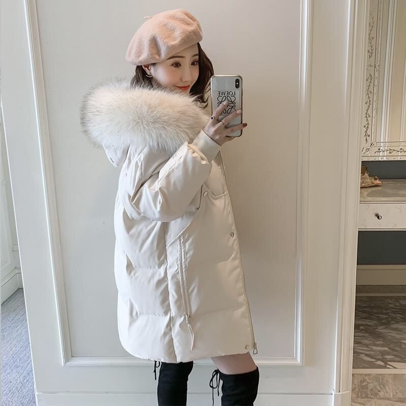 冬季羽绒服女款时尚中长款学生韩版面包服宽松大毛领加厚羽绒