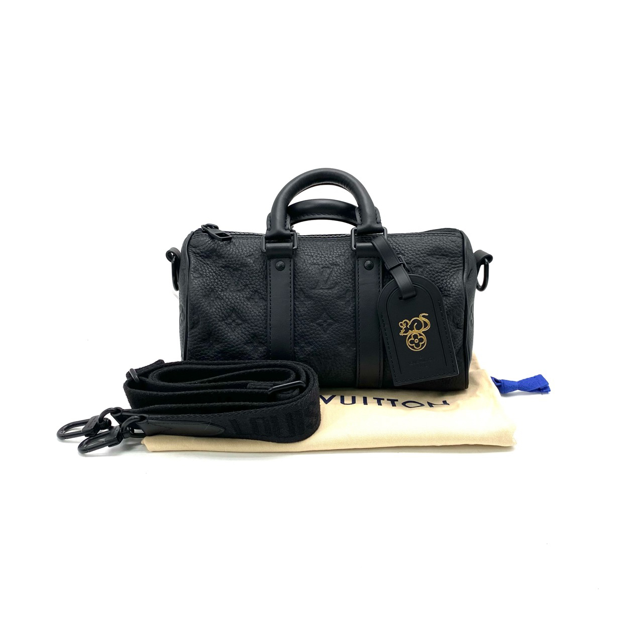 95新 LouisVuitton/路易威登 黑色全皮压花keepall25斜挎包25/15