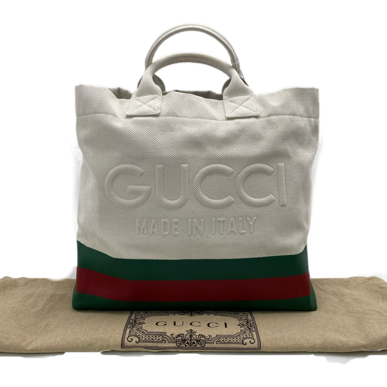 99新 GUCCI/古驰 男士字母压花天然帆布托特包 尺寸40/38 