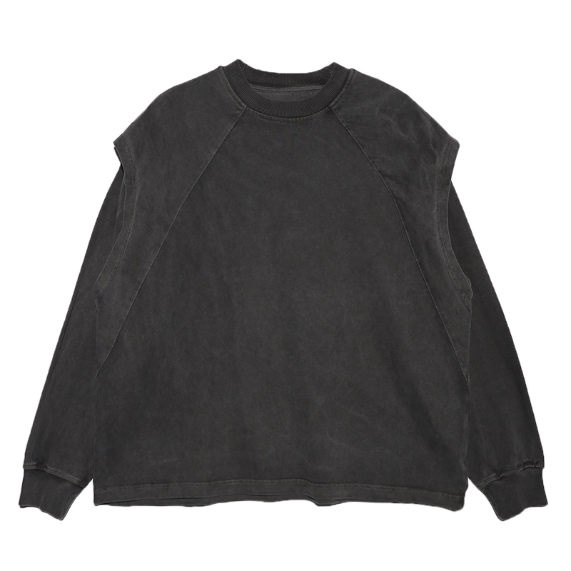 WY206新款拼接袖设计做旧水洗圆领长袖卫衣男休闲宽松时尚上衣