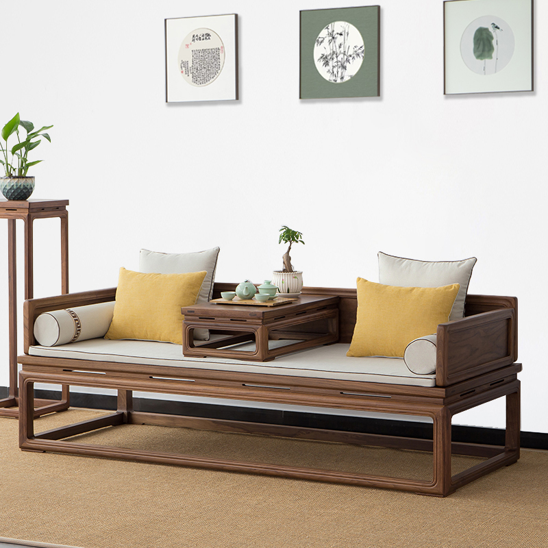 老榆木实木罗汉床新中式沙发床榻美黑胡桃色罗汉榻单人床客厅沙发