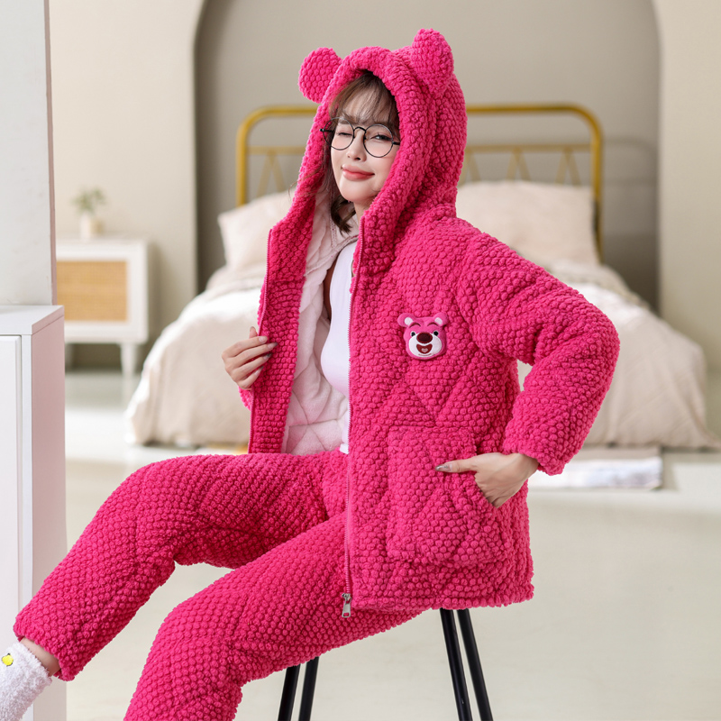 【清仓】睡衣女冬季三层夹棉袄加厚加绒珊瑚绒保暖家居服法兰绒套装