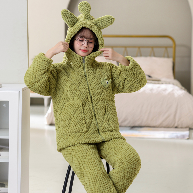 【清仓】睡衣女冬季三层夹棉袄加厚加绒珊瑚绒保暖家居服法兰绒套装