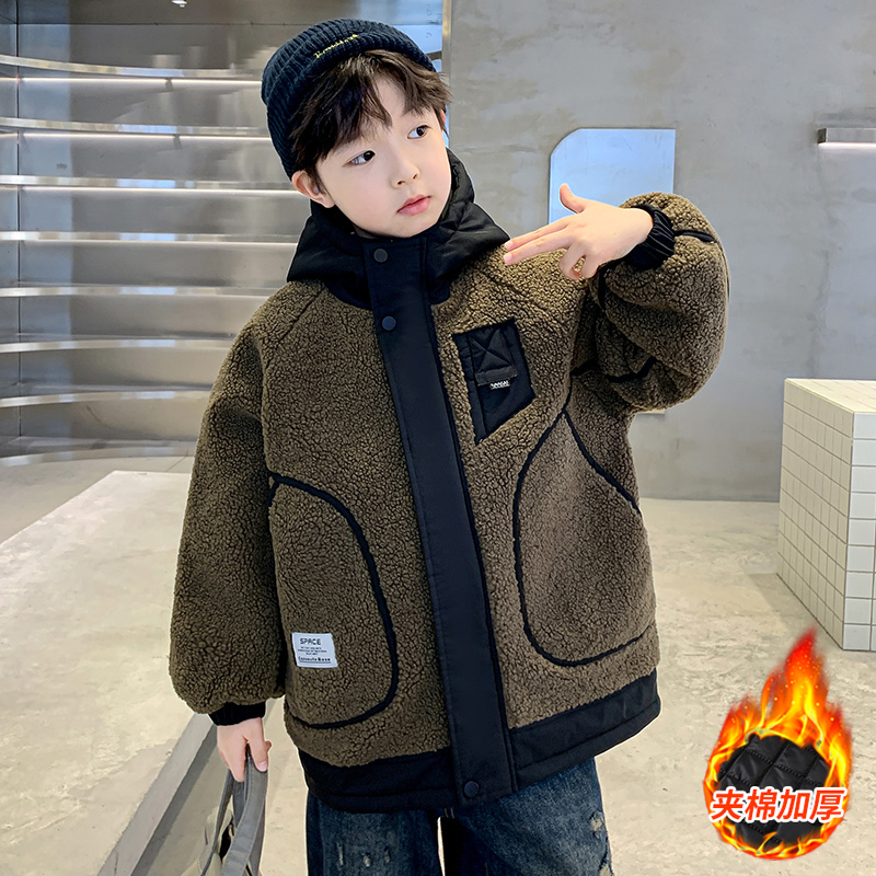 男童加厚外套秋冬款2025新款儿童潮酷男孩中大童夹棉羊羔绒毛毛衣