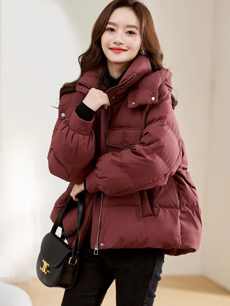 羽绒服红色短款连帽羽绒棉服女冬季2023新款小个子立领爆款显瘦加