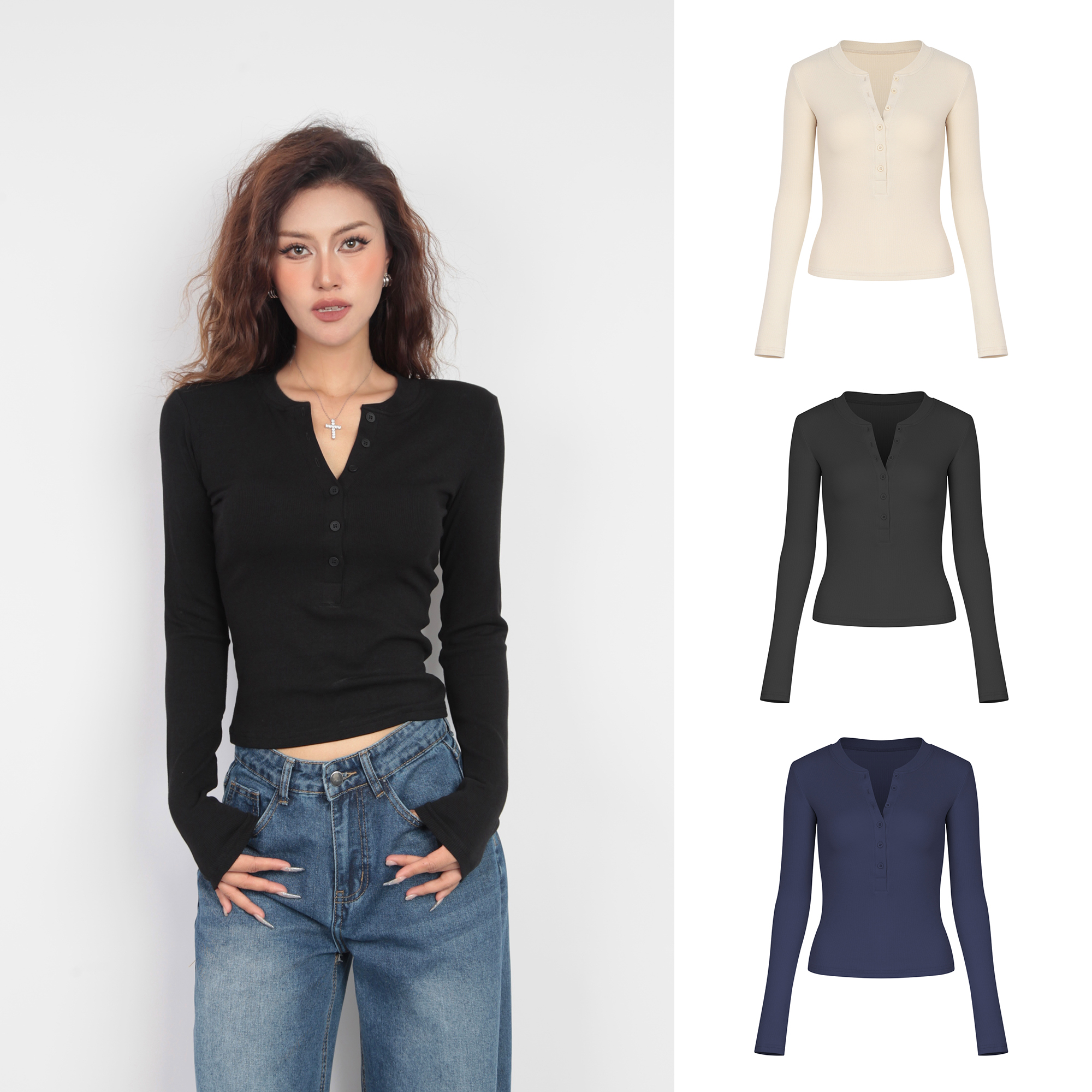 【Aliu自制】辣妹心机v领纽扣正肩长袖t恤女2024新款纯欲修身打底衫