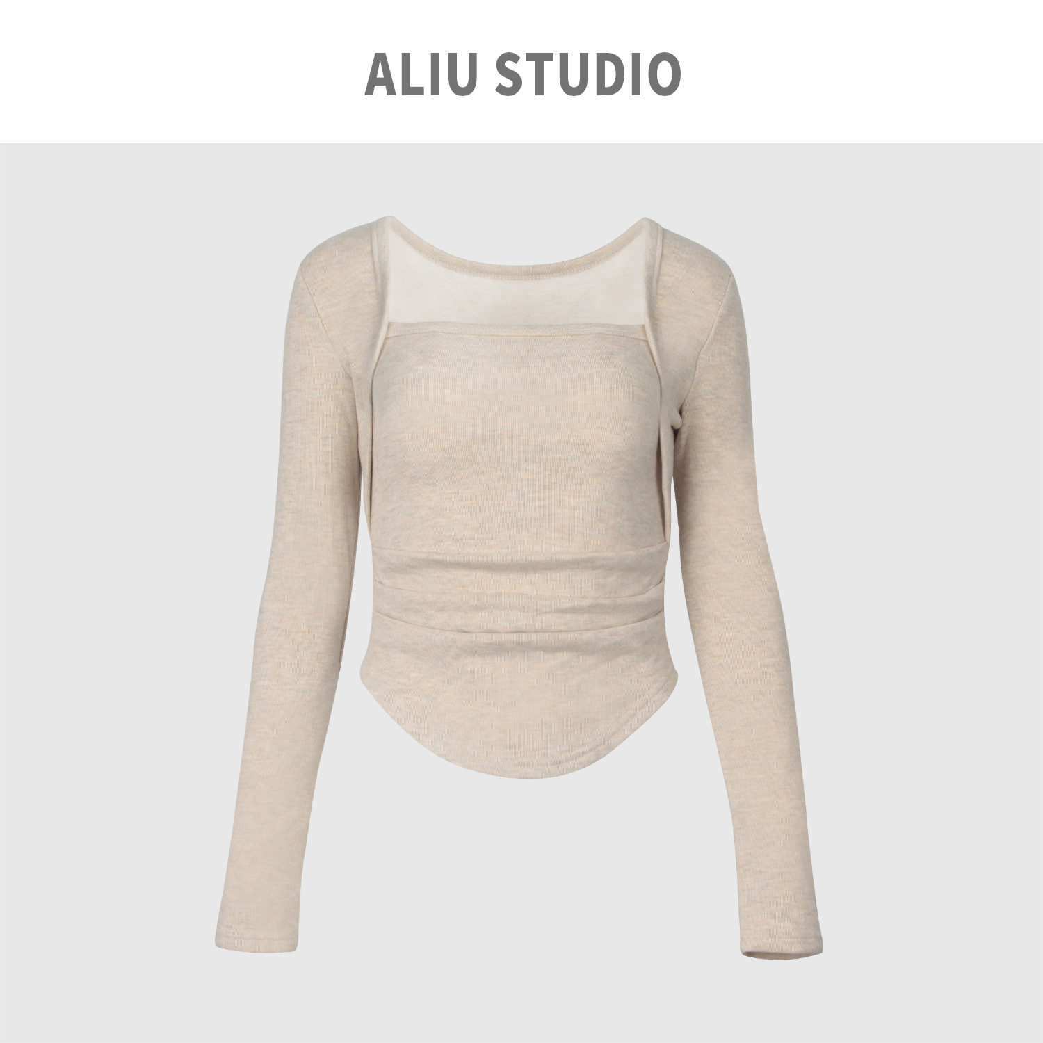 Aliu studio不规则方领加绒t恤女秋冬新款内搭修身显瘦短款上衣