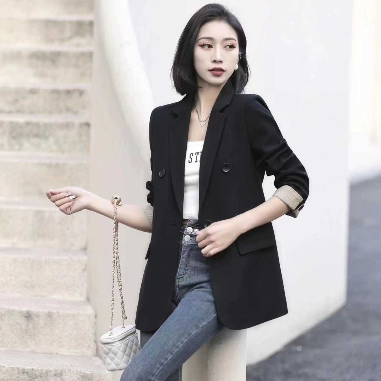 【黄小芳】手袖纽扣韩版西装